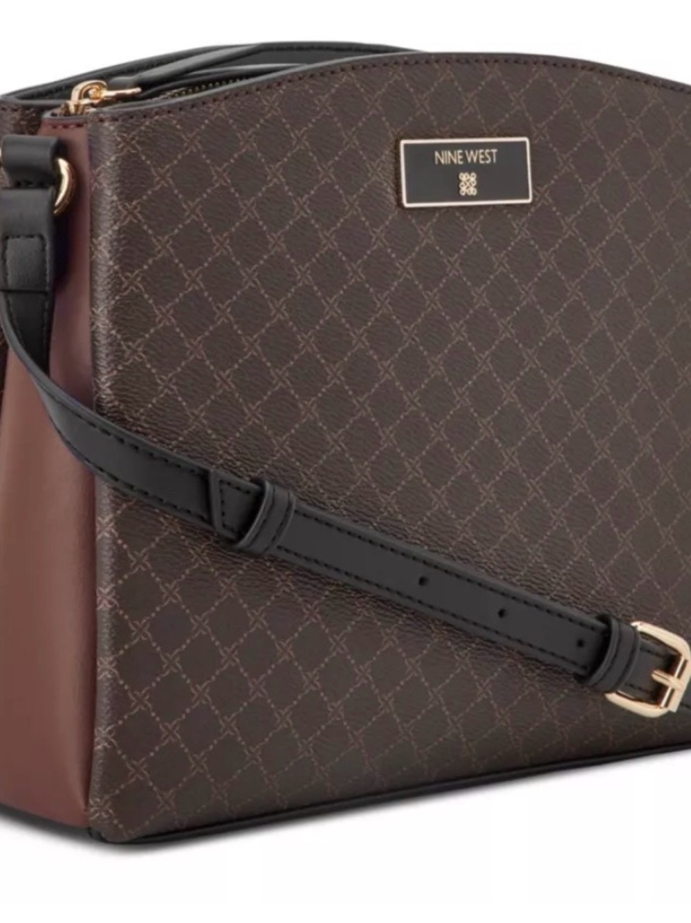 Nine West Brown Logo Crossbody with Black Strap and Gold Accents
